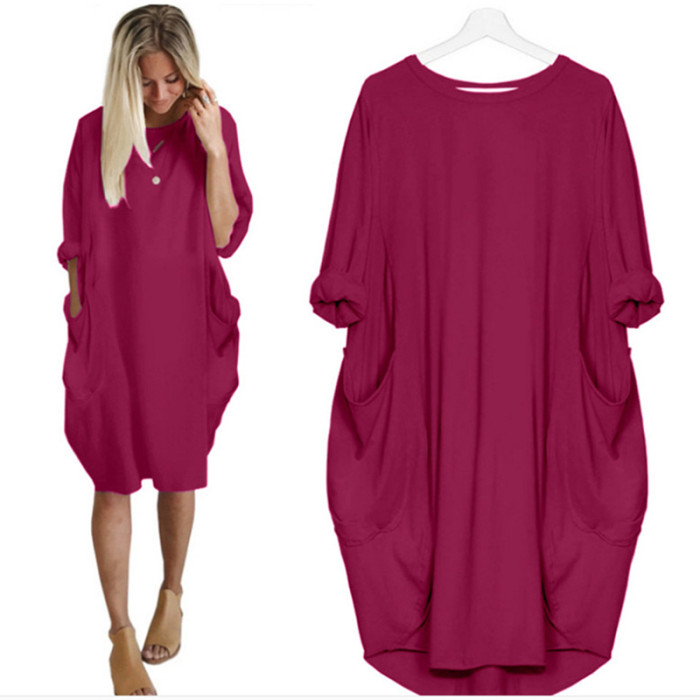Women's Fashion Pocket Loose O Neck Solid Color Casual Party Dress