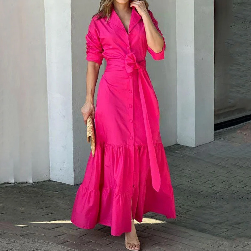 Women's Fashion Elegant Long Sleeves Lapel Ties Solid Color Party Maxi Dress