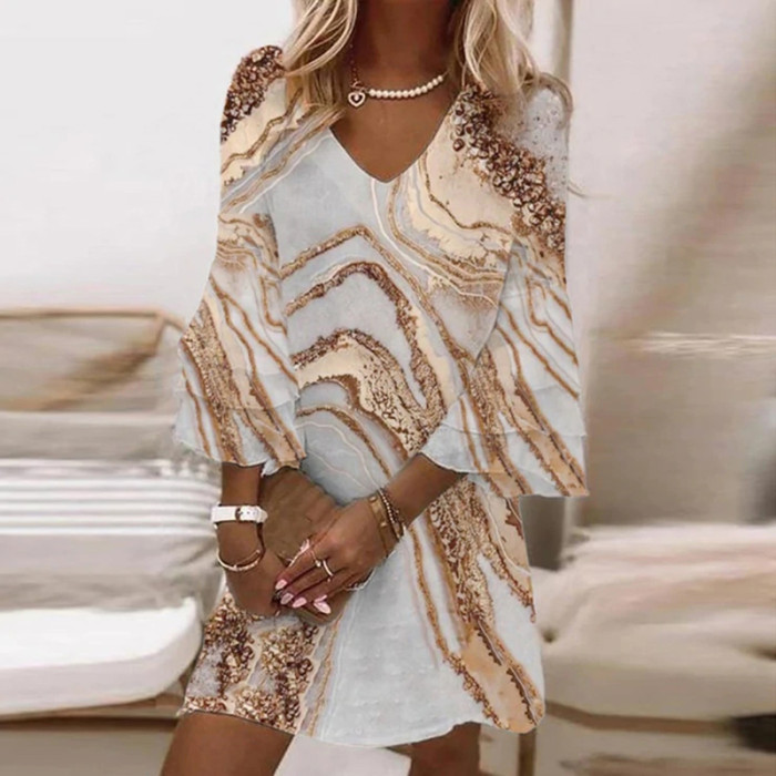 Women's Fashion Bell Sleeve Bohemian V Neck Party Print Loose A-Line Dress