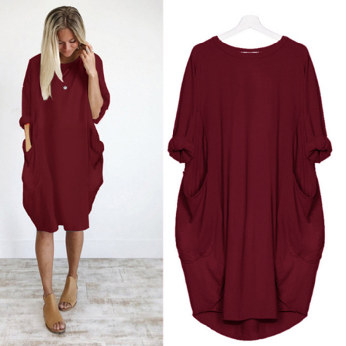 Women's Fashion Pocket Loose O Neck Solid Color Casual Party Dress