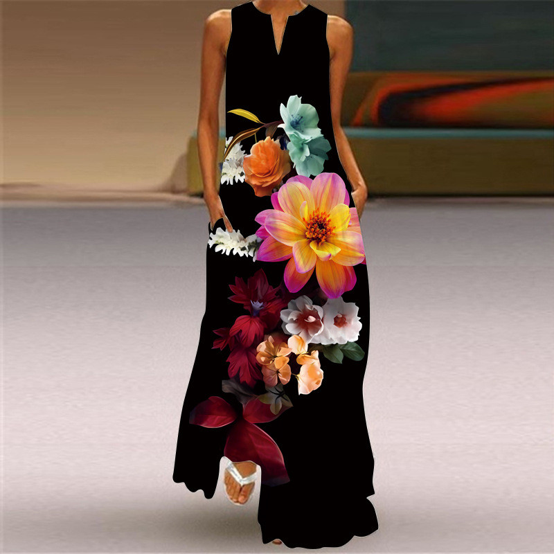 Fashion Sleeveless V Neck Casual Elegant Flower Print Vintage Maxi Dress