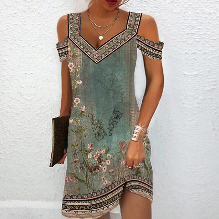 Sexy V Neck Floral Party Retro Loose A Line Elegant Mini  Casual Dress
