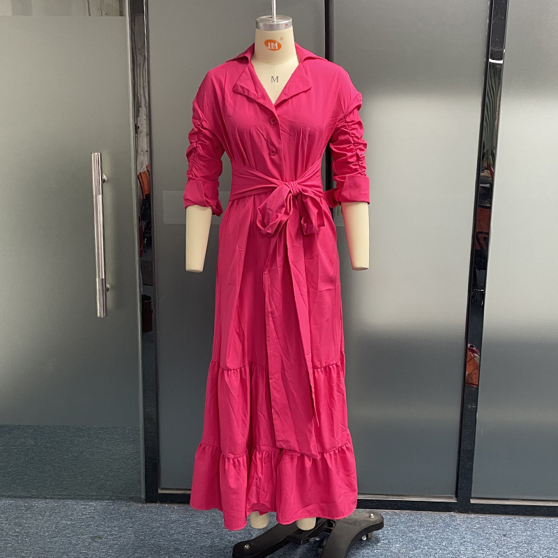 Solid Color Long Sleeves Lapel Buttoned Shirt Dress