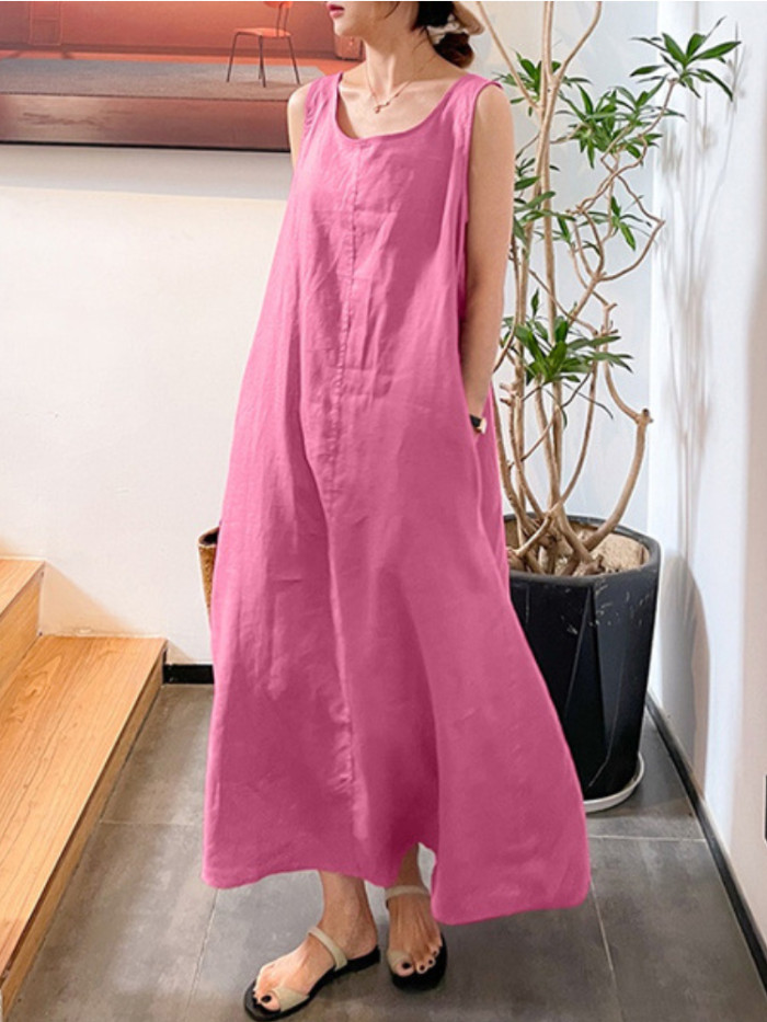 Summer Cotton Linen Simple Loose Pocket Round Neck Temperament Sleeveless Maxi Dress