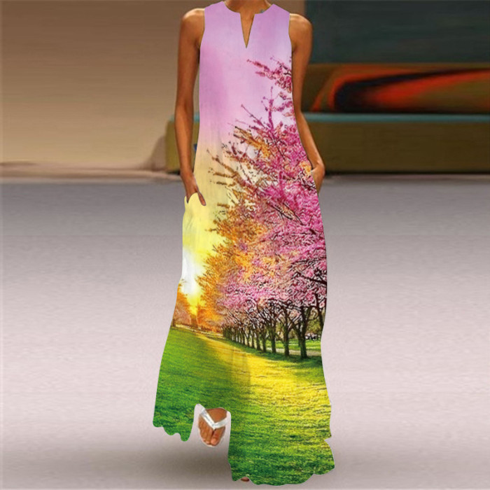 Fashion Sleeveless V Neck Casual Elegant Flower Print Vintage Maxi Dress