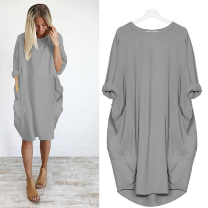 Women's Fashion Pocket Loose O Neck Solid Color Casual Party Dress