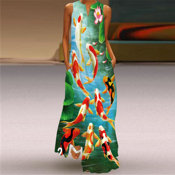 Fashion Sleeveless V Neck Casual Elegant Flower Print Vintage Maxi Dress
