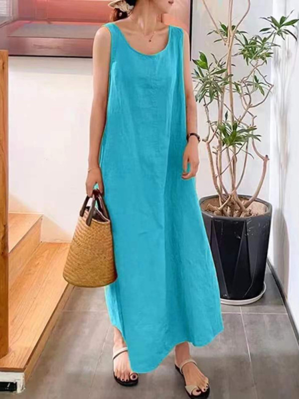 Summer Cotton Linen Simple Loose Pocket Round Neck Temperament Sleeveless Maxi Dress