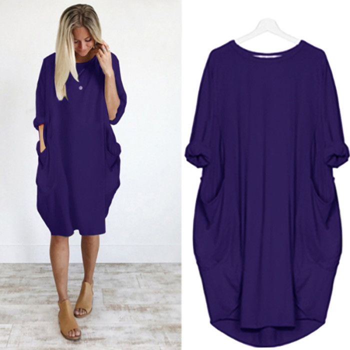 Women's Fashion Pocket Loose O Neck Solid Color Casual Party Dress