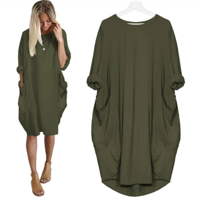 Women's Fashion Pocket Loose O Neck Solid Color Casual Party Dress
