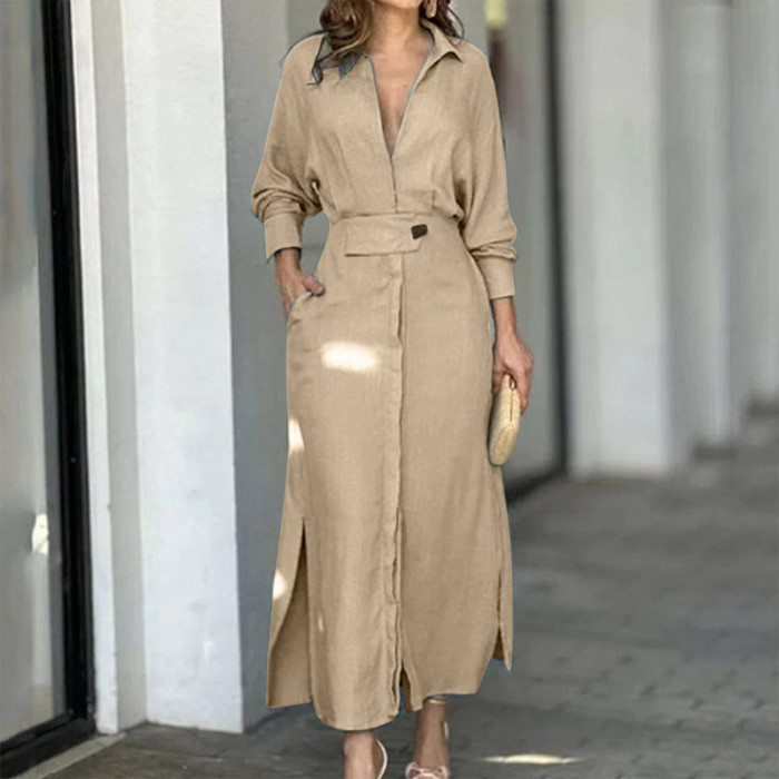 Women's Fashion Elegant Solid Color Party Side Pocket Long Sleeve Office Maxi Dress