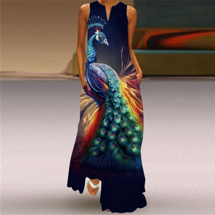 Fashion Sleeveless V Neck Casual Elegant Flower Print Vintage Maxi Dress