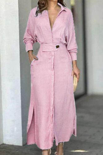 Women's Fashion Elegant Solid Color Party Side Pocket Long Sleeve Office Maxi Dress
