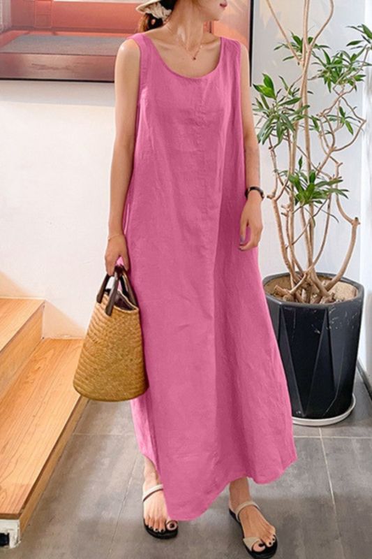 Summer Cotton Linen Simple Loose Pocket Round Neck Temperament Sleeveless Maxi Dress