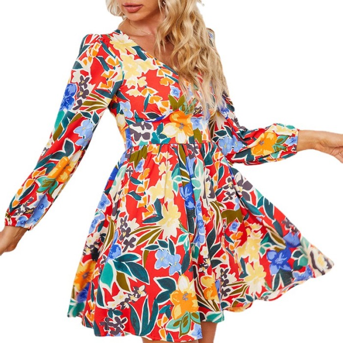 Women's Abstract Printing Slim Fit Fashion V Neck Casual Dress