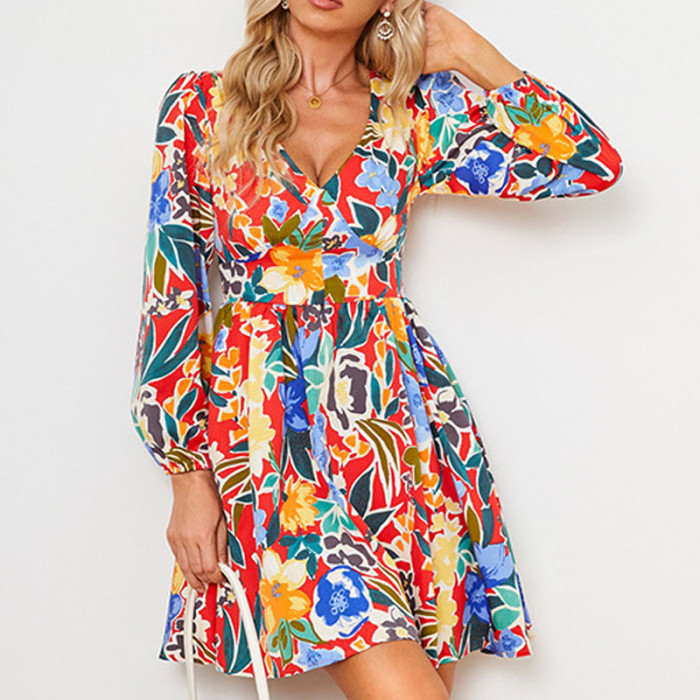 Women's Abstract Printing Slim Fit Fashion V Neck Casual Dress