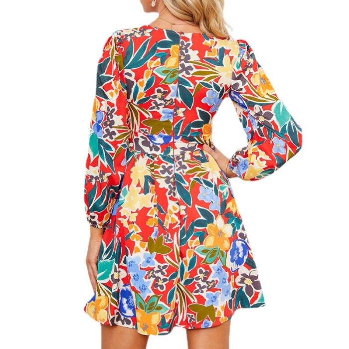 Women's Abstract Printing Slim Fit Fashion V Neck Casual Dress
