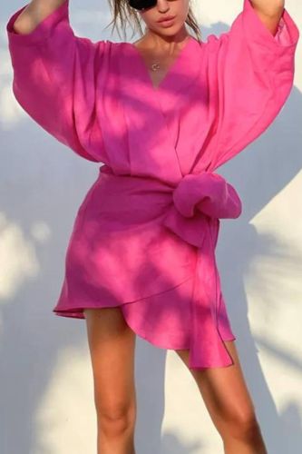 Summer Fashion Pink Loose Casual V Neck Breathable Cotton Linen Beach Dress