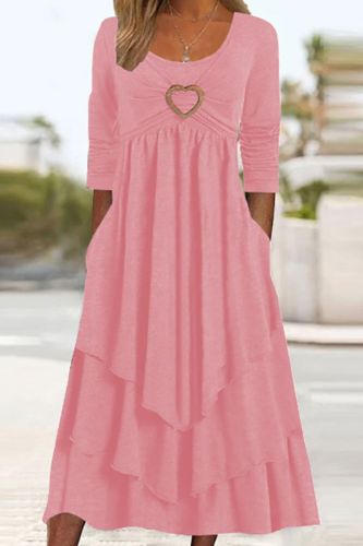 Casual Layered Ruffle Loose Long Sleeve Pocket Retro Solid Color O-Neck Dress
