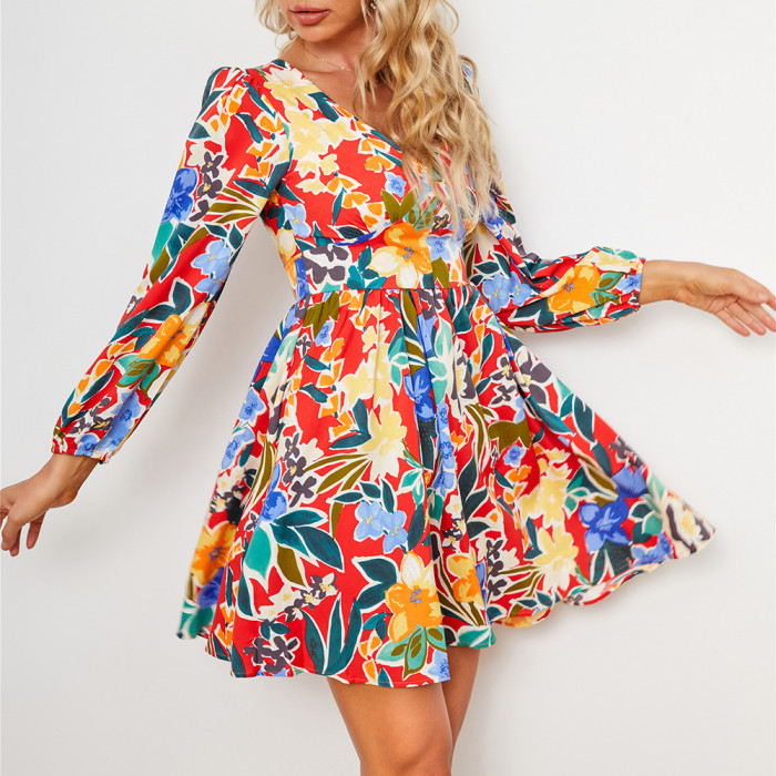 Women's Abstract Printing Slim Fit Fashion V Neck Casual Dress