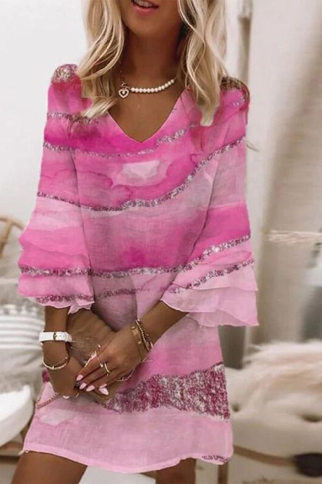 Women's Fashion Bell Sleeve Bohemian V Neck Party Print Loose A-Line Dress