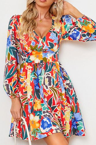 Women's Abstract Printing Slim Fit Fashion V Neck Casual Dress