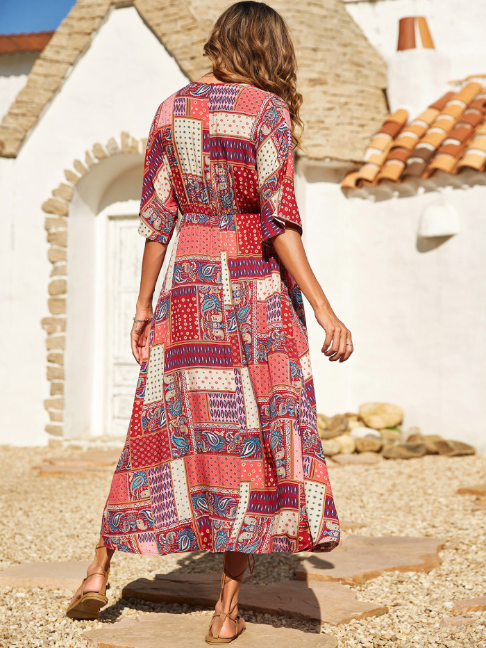 Summer Fashion Geometric Print V Neck High Waist Elegant Maxi Dress