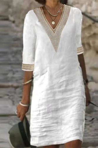Women's Cotton Linen Fashion Retro Solid Color V Neck Loose Casual Elegant Dress