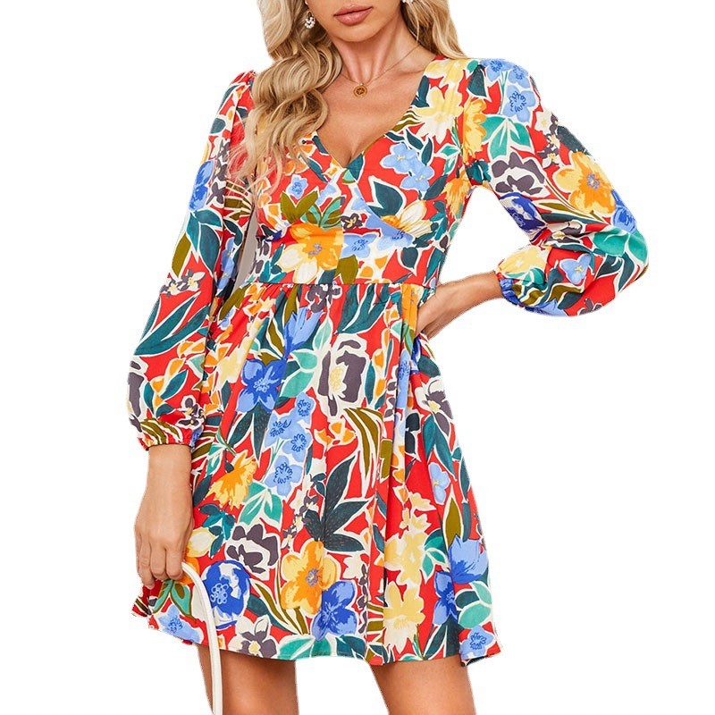 Women's Abstract Printing Slim Fit Fashion V Neck Casual Dress