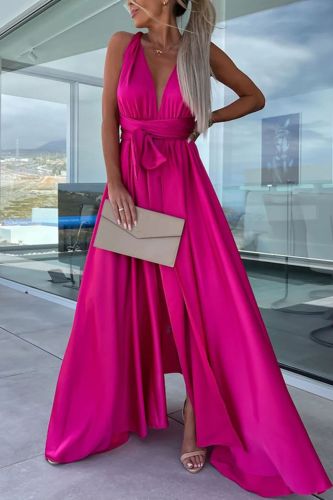 Summer Sexy Lace Up Elegant Strapless Slit Fashion Solid Color Party Maxi Dress