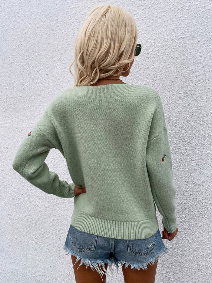 Women Embroidery V Neck Fashion Slim Long Sleeve Sweater