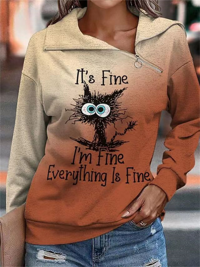 Fashion Loose Zipper Hoodie Casual Street Print Fashion Ladies Sweatshirt