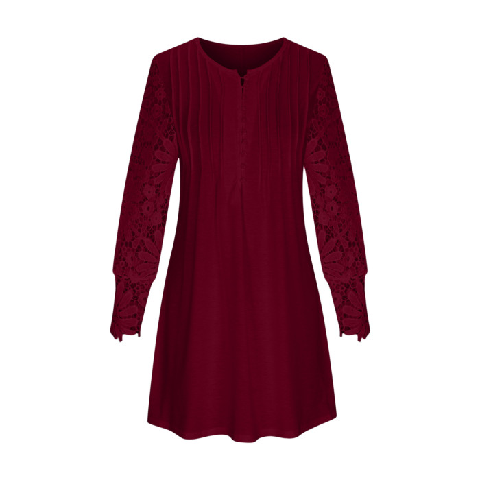 Women Elegant Hollow Out Lace V-Neck Long Sleeve Casual Dress