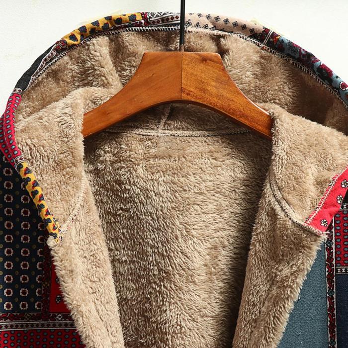 Women's Cotton Linen Print Hooded Warm Plush Coat