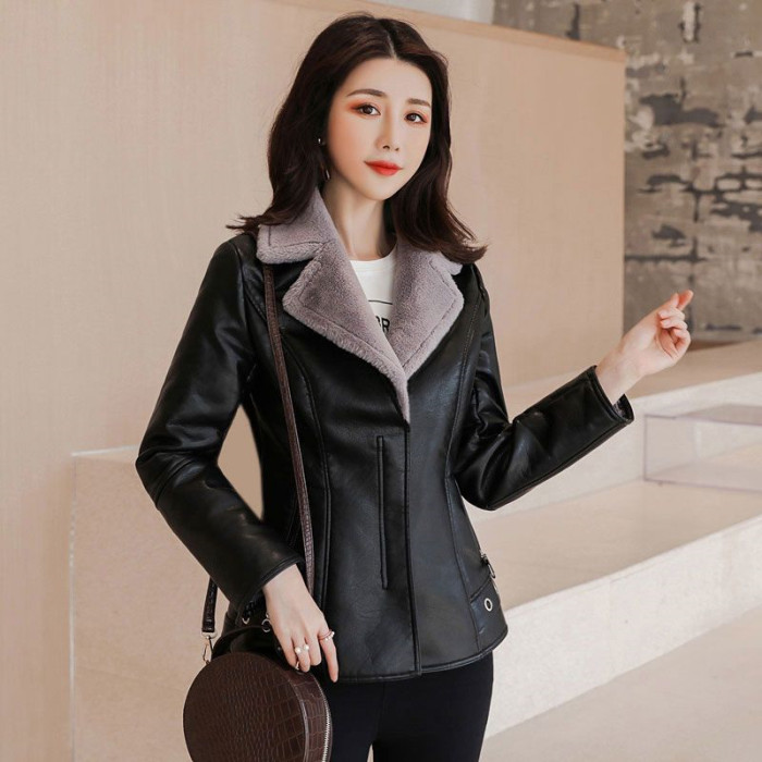 Women New PU Leather Fleece Double-faced Fur Leather Outerwear Jackets