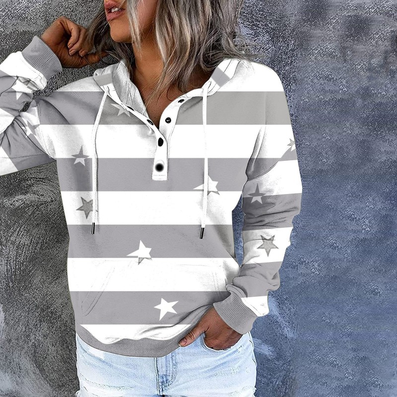 Women Stripe Long Sleeve Drawstring Sweatshirts Hoodies