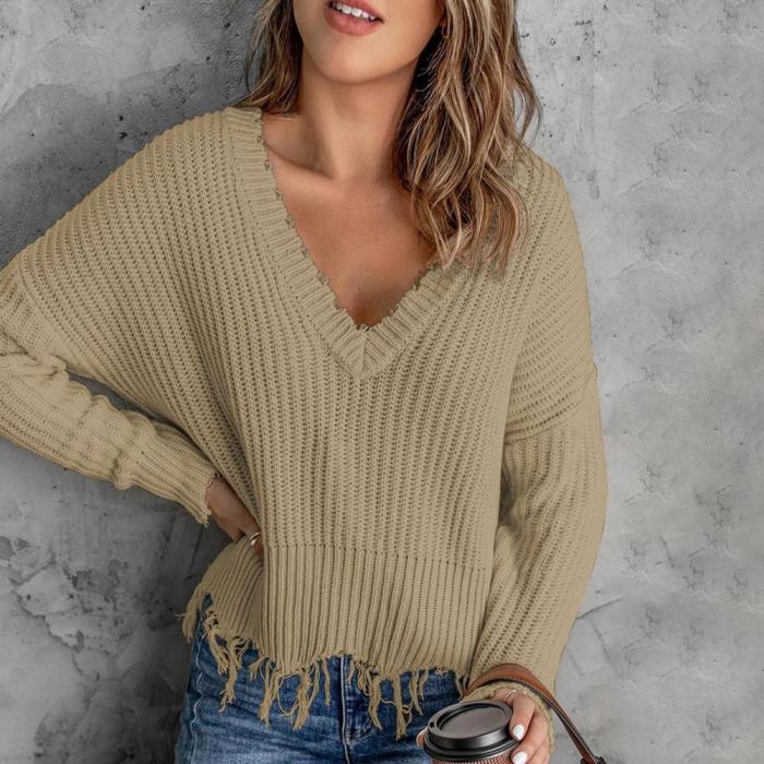 Fashion Ripped Tassel Warm Jumper V-Neck Streetwear Sweater