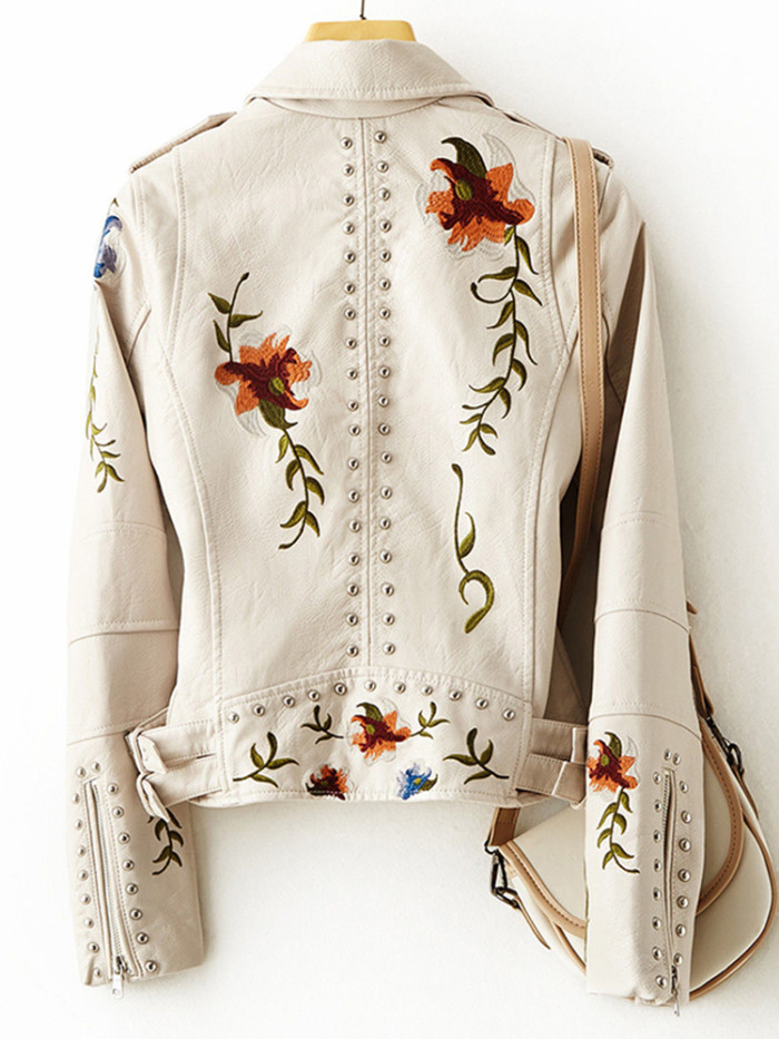 Women Retro Floral Print Embroidery Faux Soft Leather Jacket