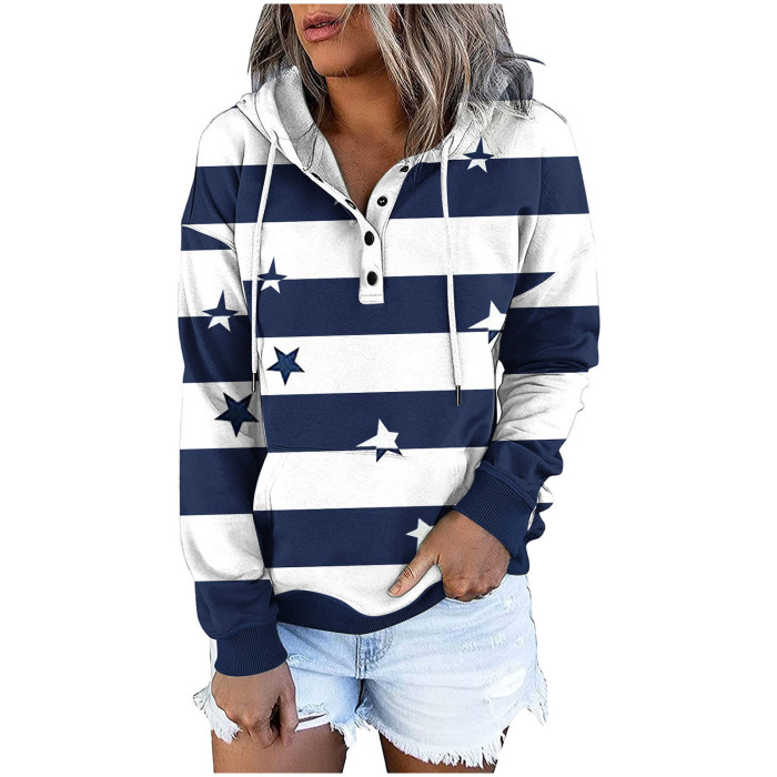 Women Stripe Long Sleeve Drawstring Sweatshirts Hoodies