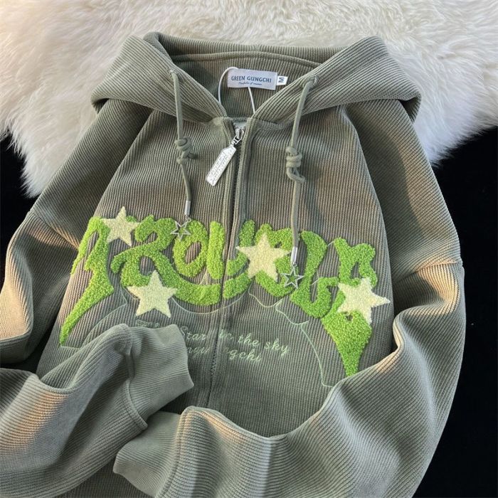Women's Retro Embroidered Zipper Loose Hoodie