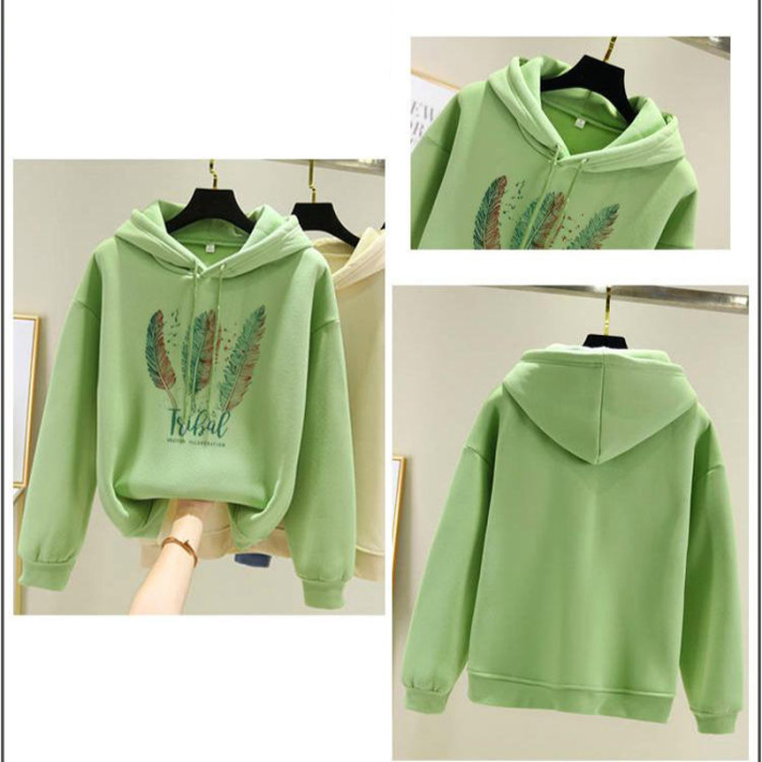 Women Fashion Feather Printed Velvet Casual Loose Sweatshirt Hoodies