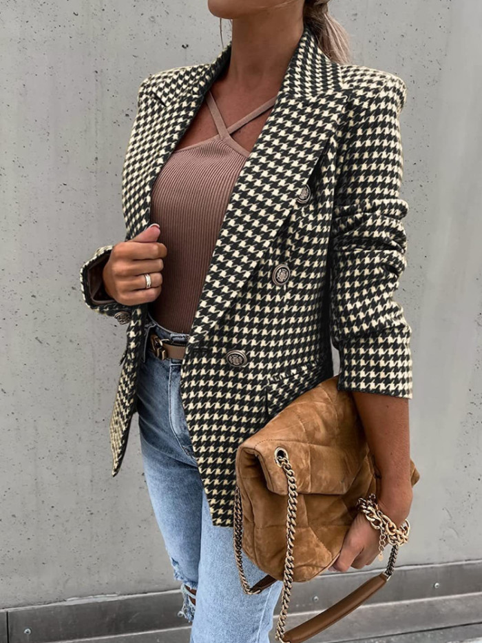Women Print Casual Plaid Blazer Coat