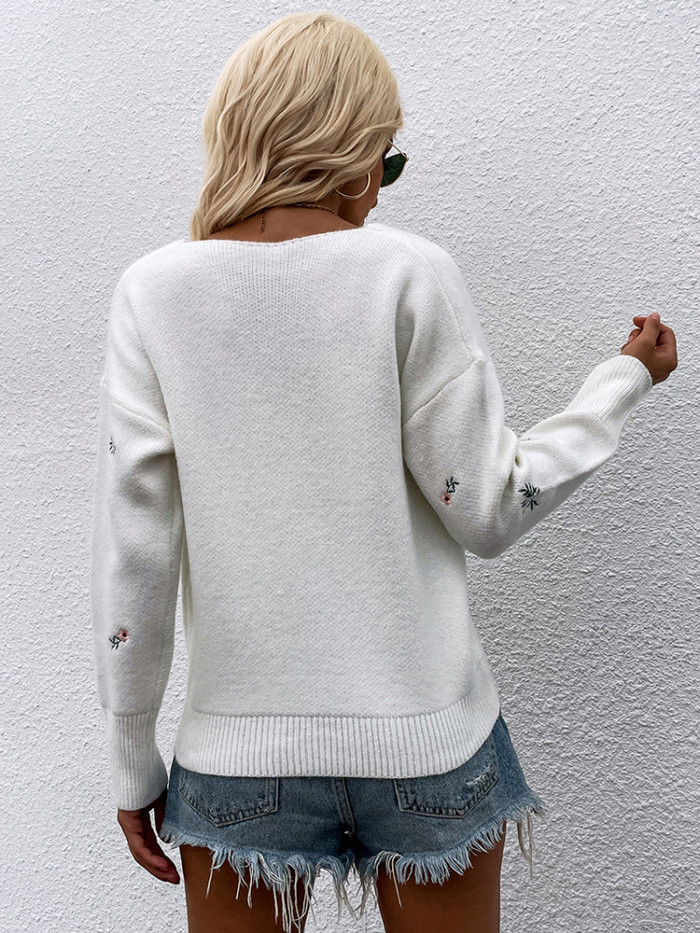 Women Embroidery V Neck Fashion Slim Long Sleeve Sweater