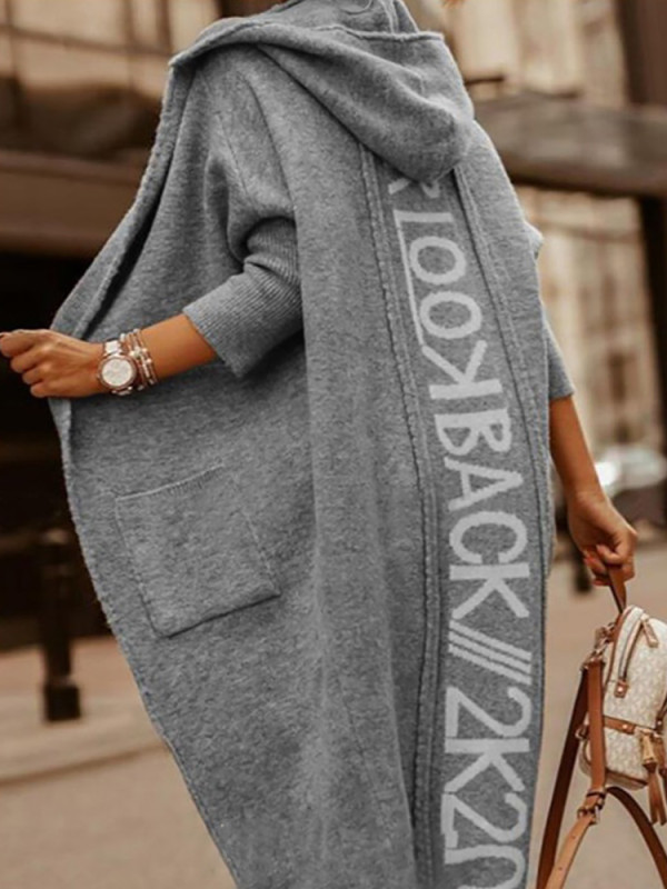 Women Loose Long Sleeve Casual Hooded Elegant Letter Print Knit Cardigan Coats