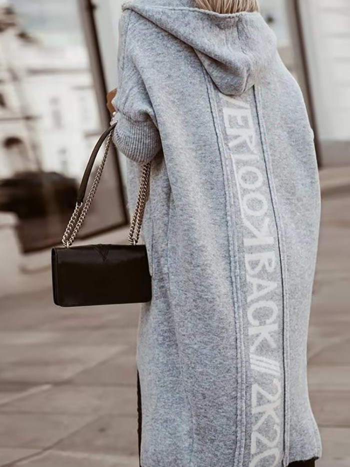 Women Loose Long Sleeve Casual Hooded Elegant Letter Print Knit Cardigan Coats