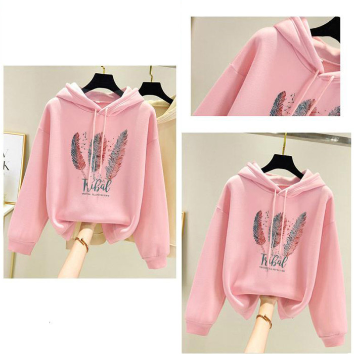 Women Fashion Feather Printed Velvet Casual Loose Sweatshirt Hoodies