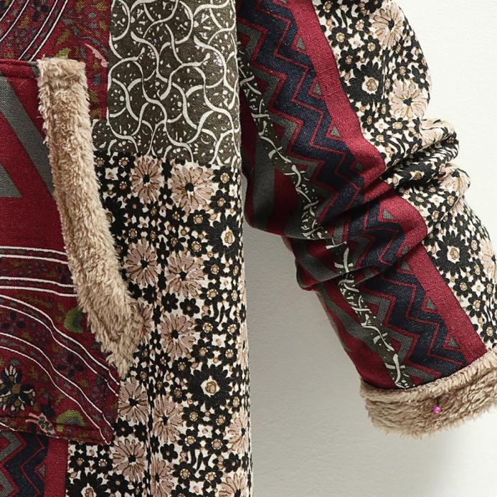 Women's Cotton Linen Print Hooded Warm Plush Coat