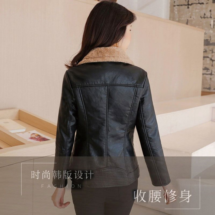 Women New PU Leather Fleece Double-faced Fur Leather Outerwear Jackets