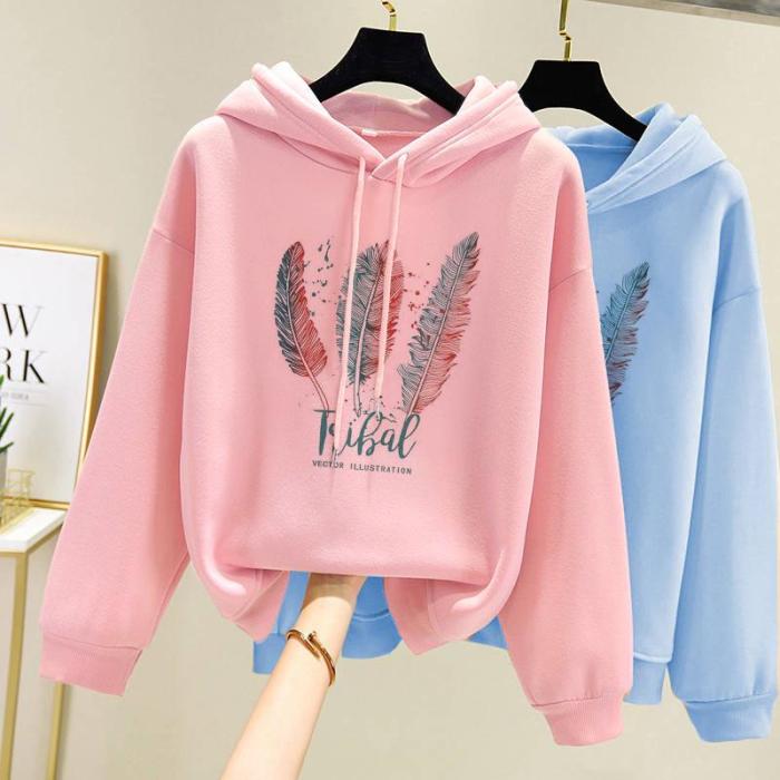 Women Fashion Feather Printed Velvet Casual Loose Sweatshirt Hoodies