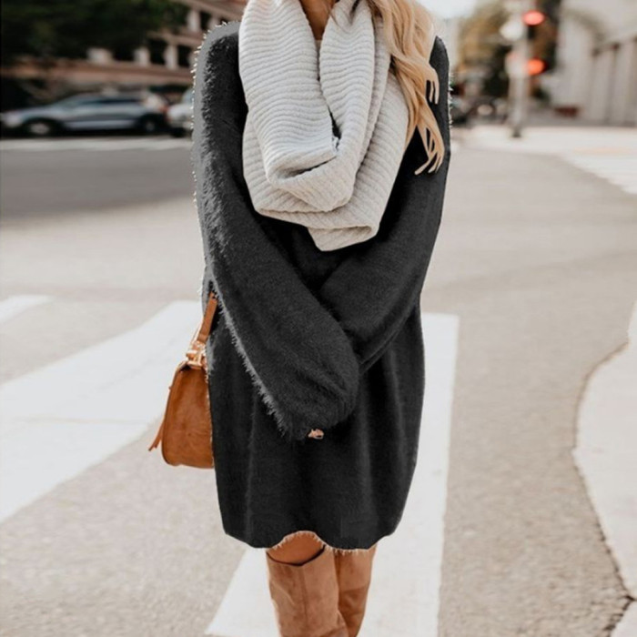 Plush Turtleneck Warm Pocket Wool Solid Sweater Dress